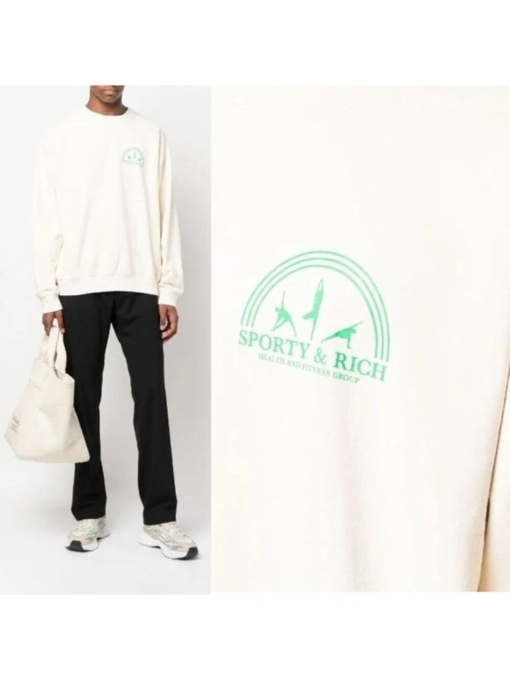 NEW Sporty & Rich Fitness Group Crewneck Sweatshirt M Off White Fleece Oversized